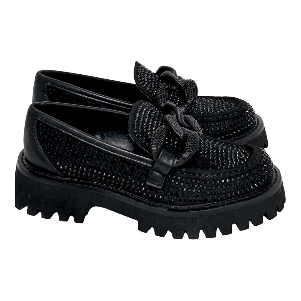 Karl Lagerfeld Black Embellished Chain Loafers